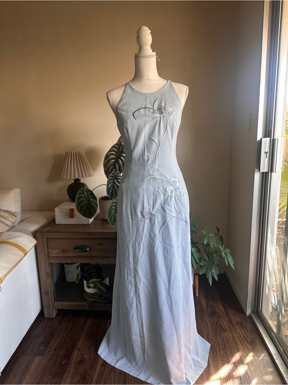 Morgan & Co. Pale Blue Embroidered Halter Maxi Dress